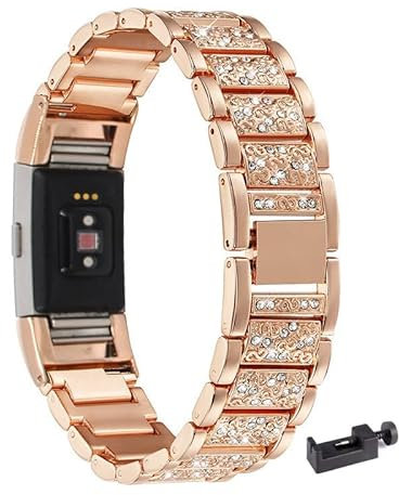 LXURY Bling Metall Armbänder kompatibel mit Fitbit Charge 3/ Charge 4 Armband, Funkelnd Diamant Metall Ersatz Armband (Rosengold)