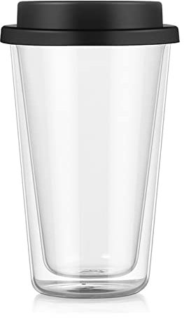 Bicchiere da Viaggio in Vetro a Doppia Parete da 2 Pezzi, Tazza da Caffè da Viaggio in Vetro Riutilizzabile con Coperchio in Silicone, Tazze Termiche Isolate a Doppia Parete, Bicchieri per(Nero)