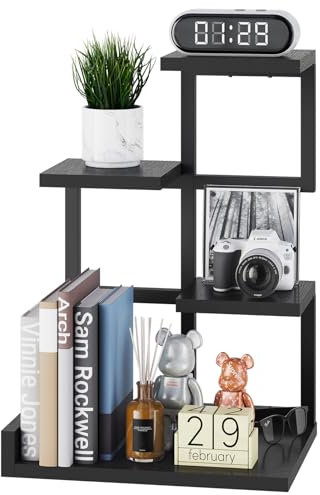 YMYNY Holz Schreibtisch Regal, 4-Tier Speicher Display Rack, Schreibtisch Regal Organizer Kleines Bücherregal mit Metallrahmen für Bücher, Pflanzen, 31 x 24 x 44.5cm, Schwarz HSR007B