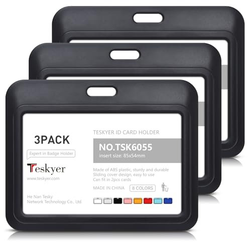 Teskyer 3 Pezzi Porta Badge, Porta Badge Rigido, Plastica, con Finestra Trasparente, Tenere 2 Carte, Orizzontale, Nero