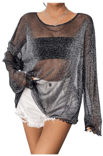 GORGLITTER Women's Glitter Mesh Sheer Tee Shirt See Through Long Sleeve Loose Tshirts Tops Black M