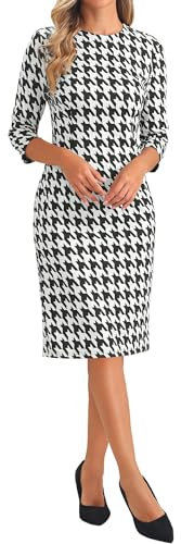 Allegra K Robe Midi Pied-de-Poule Femme Crayon à Manches 3/4 Élégante Col Rond Robe Fourreau Fendue Robe Moulante Chic Noir M