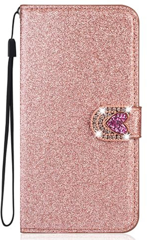 BLOTECH Flip Wallet Case suitable for OPPO A60 Rose Gold Glitter Love Diamond Buckle Bling Shiny PU Leather Flip Kickstand Wallet with Card Slots Protective Cell Phone Cases for OPPO A60