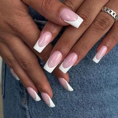 Maggidea French False Nails, Acrylic French Stick on Nails, 24pcs Strong Medium Long Coffin french Style Press On Nails with Glue White Tips Design Fake Nails (Pink Coffin)