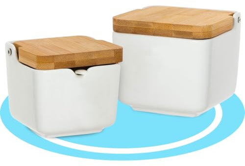 Dekohome Salero y Azucarero de Cerámica con Tapa Madera para Cocina, Recipiente para Especias y Aliños, Blanco