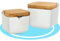 Dekohome Salero y Azucarero de Cerámica con Tapa Madera para Cocina, Recipiente para Especias y Aliños, Blanco