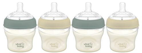 Vital Baby Nurture Breast-Like 0m+ Baby Feeding Bottles, 150ml 4pk, Self-Sterilising in 3 Mins, Triple Anti-Colic Valves, Slow Flow Teats, EarthSmart Biodegradable, BPA-Free