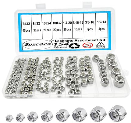 154-teiliges Sicherungsmutter-Sortiment-Set, 6#32, 8#32, 10#24, 10#32, 1/4-20, 5/16-18, 3/8-16, 1/2-13 SAE-Kontermuttern, 304 Edelstahl, Nylon-Einsatz, Sechskantmuttern