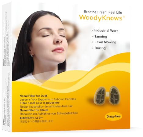 WoodyKnows Nasenfilter für staubige Aktivitäten, nützliches Werkzeug für industrielle Arbeiten, Bräunung, Körperpflege und Haushalt (Probe-Pack S/M/L/XL, 1 Nasenfilter + 2 Ersatzfilter für jede Größe)
