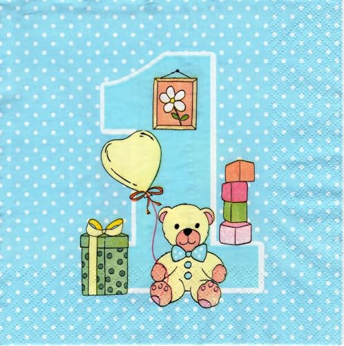 20 Servietten erster Geburtstag mit Teddy blau, Junge, Babyparty, 1. Geburtstag Junge Servietten, Tischdeko, 33x33 cm