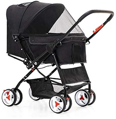 Katzen-/Hundekinderwagen, einfach mit einer Hand zusammenklappbar, 4-Rad-Hundekinderwagen for mittelgroße und kleine Hunde, umkehrbarer Schiebegriff, Haustier-Kinderwagen for Welpen und Kätzchen, erwe