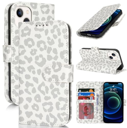 Zouzt Case for iPhone 13 Mini (5.4 Inch), Premium PU Leather Wallet Case with Credit Card Holder Slot Flip Folio Kickstand Shockproof Protective Phone Cover (White Leopard)