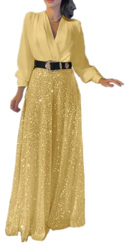 shownicer Damen Jumpsuit Elegant Einteiler Weites Bein Paillettenhose Playsuit Langarm V-Ausschnitt Glitzer-Overall Lang Pailletten Hosenanzug