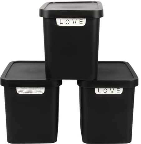 Jolie Max (Set of 3) Plastic Storage Boxes with Lid, 12.5L Capacity Each, Solid Matte Colour, Decorative Design with Handle, Stackable & Nestable Space-Saving Organizers – 31.5 x 21.5 x 24 cm (BLACK)