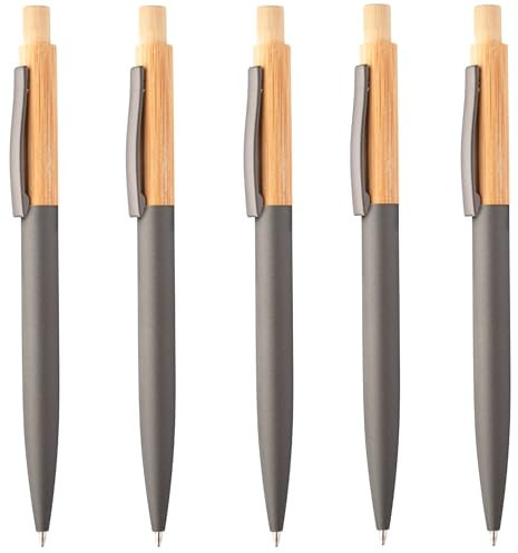 5er Set Kugelschreiber aus Bambus und recyceltem Aluminium mit gummierter Oberfläche und Gunmetal-Clip, ökologischer Materialmix und modernes Design im Sparset -Blauschreibend. (Dunkelgrau)