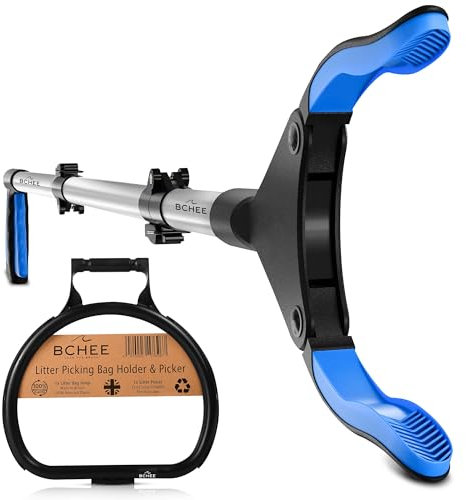 BCHEE UK Litter Picking Beach Clean Kit, 1 x Strong 110cm/43 Foldable Litter Picker, 1x Litter Picking Bag Holder Hoop Made In Britain From 100% Recycled Plastic, UK Business, Multi-buy Discounts