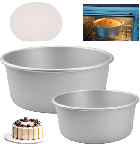 2er Kuchenform Rund Backformen Set, 2 Größen (5/ 7) Kuchenbackform Rund Set, Eloxiertem Aluminium Runde Backform, Tortenform mit 50 Backpapier, Tortenbackform für Geburtstagstorte, Käsekuchen