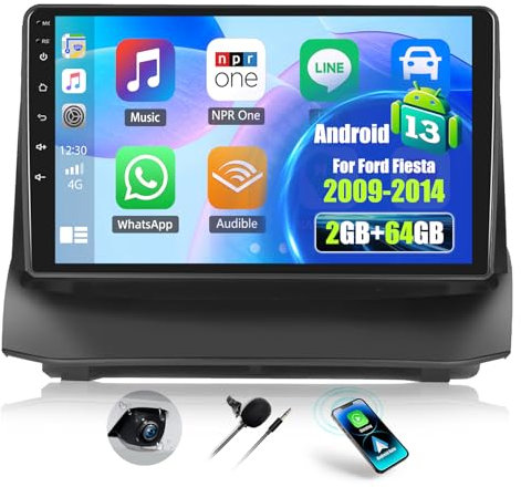 OiLiehu 2G+64G Android 13 2 DIN Carplay Android Auto para Ford Fiesta 2009-2014 Pantalla Radio Coche 9 Pulgadas con WiFi GPS Bluetooth FM/RDS Mirror Link EQ Camara Marcha Atras