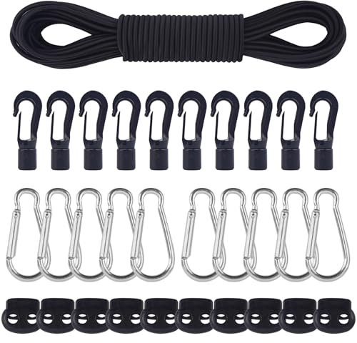 AWBEOT Corda Elastica 5mm x 20m, Tenditore Elastico Nero, Elastico in Gomma, Corde Elastiche con 10 Fermacorda a Molla, 10 Gancio in Plastica, 10 Moschettone, per Teloni, Tende, Trasporto, Lacci,Zaino