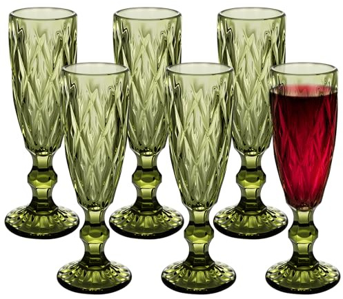 Loxiia Champagne Flutes 150ml/5 oz Set of 6, Vintage Wine Glasses, Colored Glassware Set, Water Goblets for New Year Christmas,Party, Wedding, & Daily Use (Green)