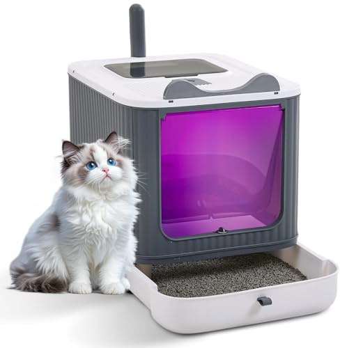 The Fellie Cat Litter Box Large, Enclosed Cat Litter Box, Kitten Litter Tray with Top Entry & Front Door, Litter Tray with Lid, Slide-Out Drawer&Scoop for Easy Clean, Odor Control&UV Sterilization