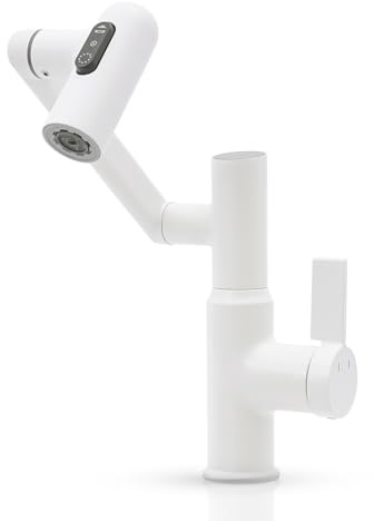 Robinet rotatif multifonction pour salle de bain/cuisine avec affichage de la température LED et 3 modes de jet d'eau, robinet de lavabo pivotant à 360°, blanc
