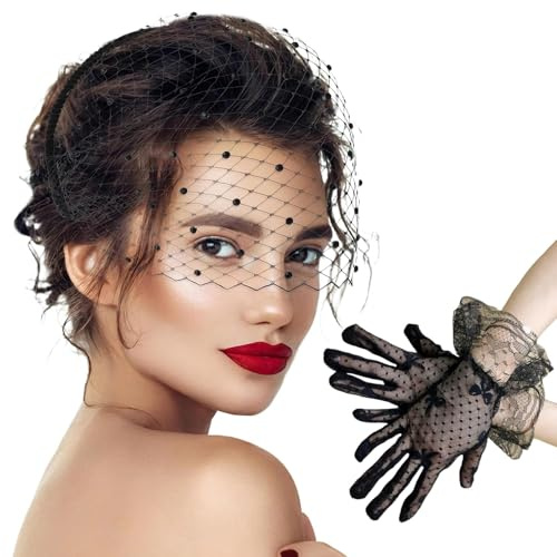 OuryTech Fascinator Damen, Karneval Kostüm Damen, Schwarze Spitzenhandschuhe, Black Veil Mesh Headband 20er Jahre Birdcage Veil, Hochzeits Tea Party Fascinator Schleier