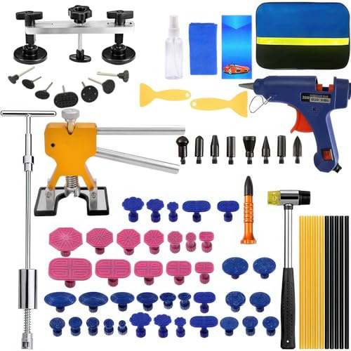 Kryvella Set di riparazione ammaccature per auto 78 pezzi, Strumento di rimozione ammaccature con Golden Lifter a larghezza regolabile, martello scorrevole, estrattore a ponte in metallo per la