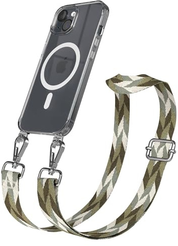 EAZY CASE Handykette - Verstellbares Taschenband kompatibel mit iPhone 15, Schulterriemen, Handykordel mit Silikon Hülle, Qi Charging kompatibel, Umhängetasche, Grün Mix Silber