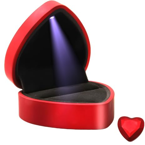 Herzförmige Ringschatulle mit LED Beleuchtung, Ringbox Verlobung Hochzeit | Automatische LED Beleuchtung, Ring Präsentation, weiches Samt Innenfutter, Antrag, Hochzeit, Valentinstag, Geschenk