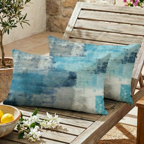 Vorysum 2er Set Outdoor Kissenbezug 30x50 cm Blaugrün Wasserfest Ölgemälde Dekokissen Vintage Landhausstil Dekorative Kissenhülle Sommer Sofakissen für Garten Sofa Balkon, Camping