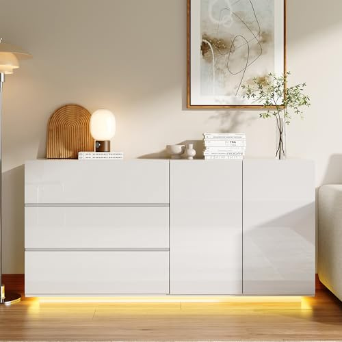 DULRLLY Kommode Weiß Hochglanz mit LED Beleuchtung, Sideboard Weiss Hochglanz 160cm mit 2 Türen und 3 Schubladen, Küchenschrank Buffets Anrichte, Buffetschrank Modern für Schlafzimmer Esszimmer Flur