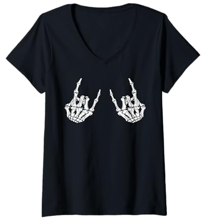 Damen Rock On Rock Star Skelett Hände Design T-Shirt mit V-Ausschnitt