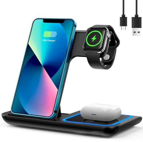 Caricatore Wireless 3 in 1, Stazione di Ricarica Pieghevole Senza Fili, Base Ricarica per Smartphone, Orologio e Auricolari, Caricatore Wireless per Casa e Viaggio