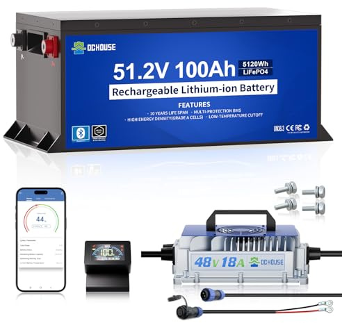 DCHOUSE Metal Case 48V 100Ah Pro Lithium Golf Cart Battery Kit, 200A BMS | Lifepo4 Battery with 48V 18A Charger, Bluetooth Mobile APP & LCD Monitor, Peak Current 670A,Perfect for Golf Carts, RV