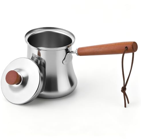 Zocipro Turkish Coffee Pot 550 ml, SUS304 Stainless Steel Cezve with Spout | & Heat-Resistant Wooden Handle, for Arabic & Greek Coffee, Heating Milk, Butter, Sauces