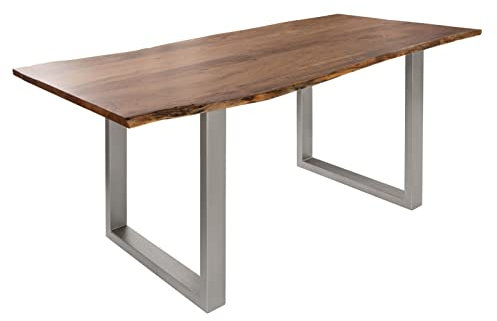 MASSIVMOEBEL24.DE | Freeform 3 Baumkantentisch aus Akazienholz - Natur | U-Beine in Silber matt | 160x90x76 cm | Massivholztisch Baumkantentisch Esstisch