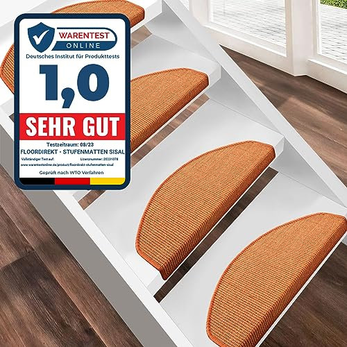 Floordirekt 15 x Teppich Stufenmatten Treppenstufen | 100% Sisal | wohnlichen Farben | rutschsicher für Mensch und Tier (Maße ca. 64 x 23,5 cm) (Terra)