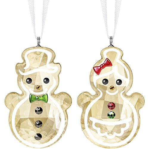 Swarovski Lebkuchen Schneemannpärchen Ornament, Zwei Goldfarbene, Detailverliebte Swarovski Kristalle im Schneemann- und Schneefrau-Design