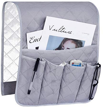 Organiseur pour Accoudoir de Fauteuil, Canapé Chaise Protetor Housse, Suspendre Poches Economie D'espace, Sac De Rangement Antidérapant pour Téléphone, Livre, Magazines, Télécommande TV, Gris