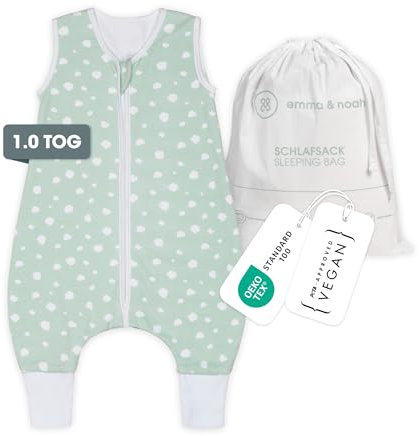 emma & noah Baby Schlafsack mit Füßen 1.0 TOG, Ganzjahres Schlafsack mit Beinen für den Frühling, Sommer und Herbst, 100% Bio-Baumwolle, Oeko-TEX Zertifiziert (Punkte Mint, 90 cm)