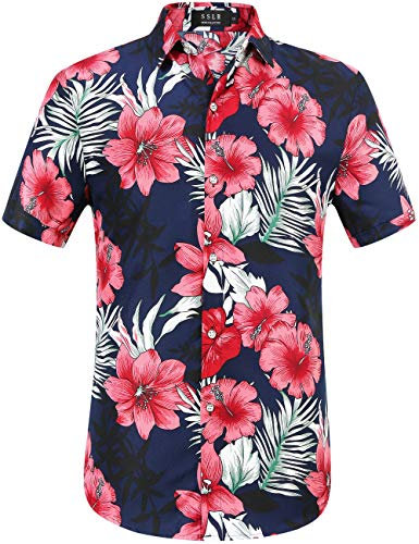 SSLR Chemise hawaïenne pour homme, à manches courtes, motif floral, pour l'été, les loisirs, en coton, pour homme, design décontracté, Rouge marine., M