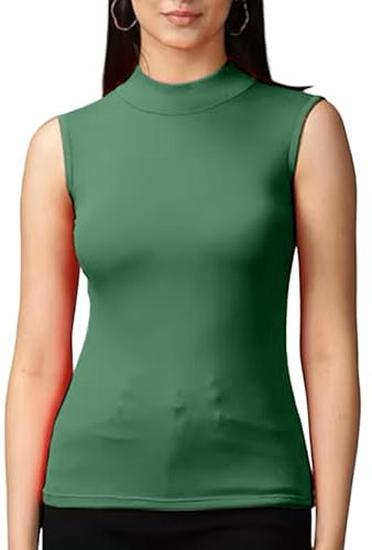 R&N FASHIONS -Women’s Stretchy Polo Turtle Neck Plain Top Ladies Sleeveless Casual Wear Top - Fashionable Jumper - Pull-on Style No Sleeves - Great (Bottle Green, 12-14)