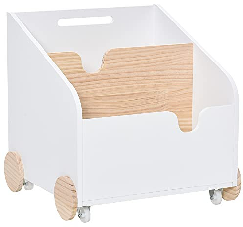 HOMCOM Kinderbücherregal mit Räder Bücherregal für Kinder Aufbewahrungsregal Spielzeugregal mit großem Stauraum MDF Kiefernholz Metall Kunststoff Weiß+Naturholz 40 x 43 x 43 cm