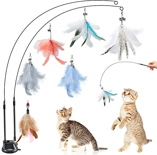 Hysagtek Cat Feather Toys, 9Pcs Interactive Kitten Toys Kits, Bird Pet Teaser Wand for Indoor Cats, 6 Feather Refills and 2 Retractable Cat Teaser Wand with 1 Super Suction Cup