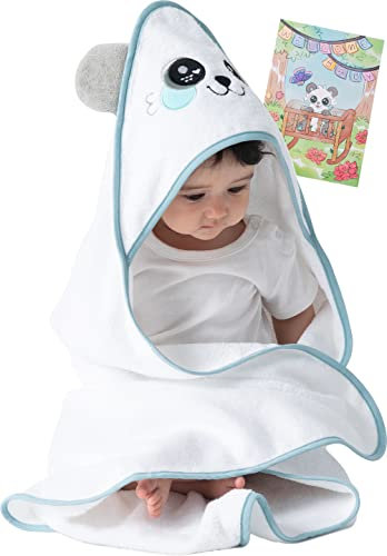corimori - Niedliches Baby Handtuch, warmes Badetuch mit Kapuze und Grußkarte Geschenk-Set MEI der Panda, 75 x75 cm, Weiß