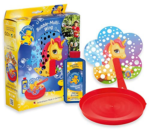 PUSTEFIX Bubble-Multi-Wing Einhorn I 250 ml Seifenblasenwasser I Made in Germany I Bunte Bubbles für Kindergeburtstag, Hochzeit & Sommerparty I Bär Seifenblasen Spielzeug für Kinder & Erwachsene
