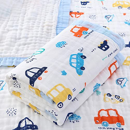 Hivia Musselin Decke 6 Lagig Kuscheldecke Baby Baumwolle 110 x 110 cm Musselin Babydecke Wickeldecke Weiche Decke für Badetuch,Kinderdecke Neugeborene Unisex (Blau Auto)