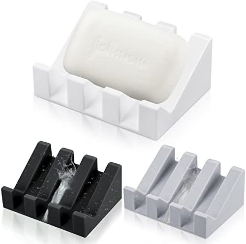 Cunhill 3 Pieces Silicone Soap Dish Self Draining Soap Dish Shower Waterfall Bar Soap Holder Tray with Drain Soap Saver for Kitchen Bathroom Accessories (Light Gray,Bright White,Black)