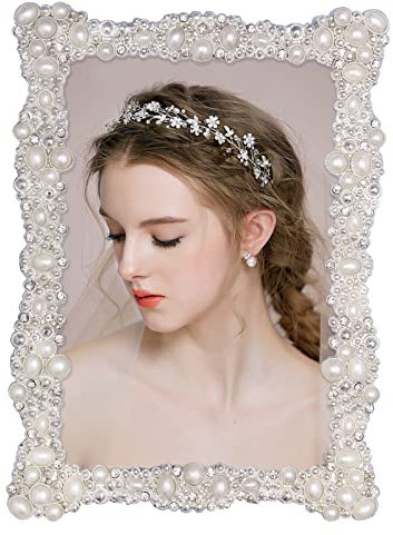 Bilderrahmen mit Strasssteinen und Perlen, für Hochzeitsgeschenk, Hochzeits-Bilderrahmen, versilbert, für Tischdisplay (Echtglas)